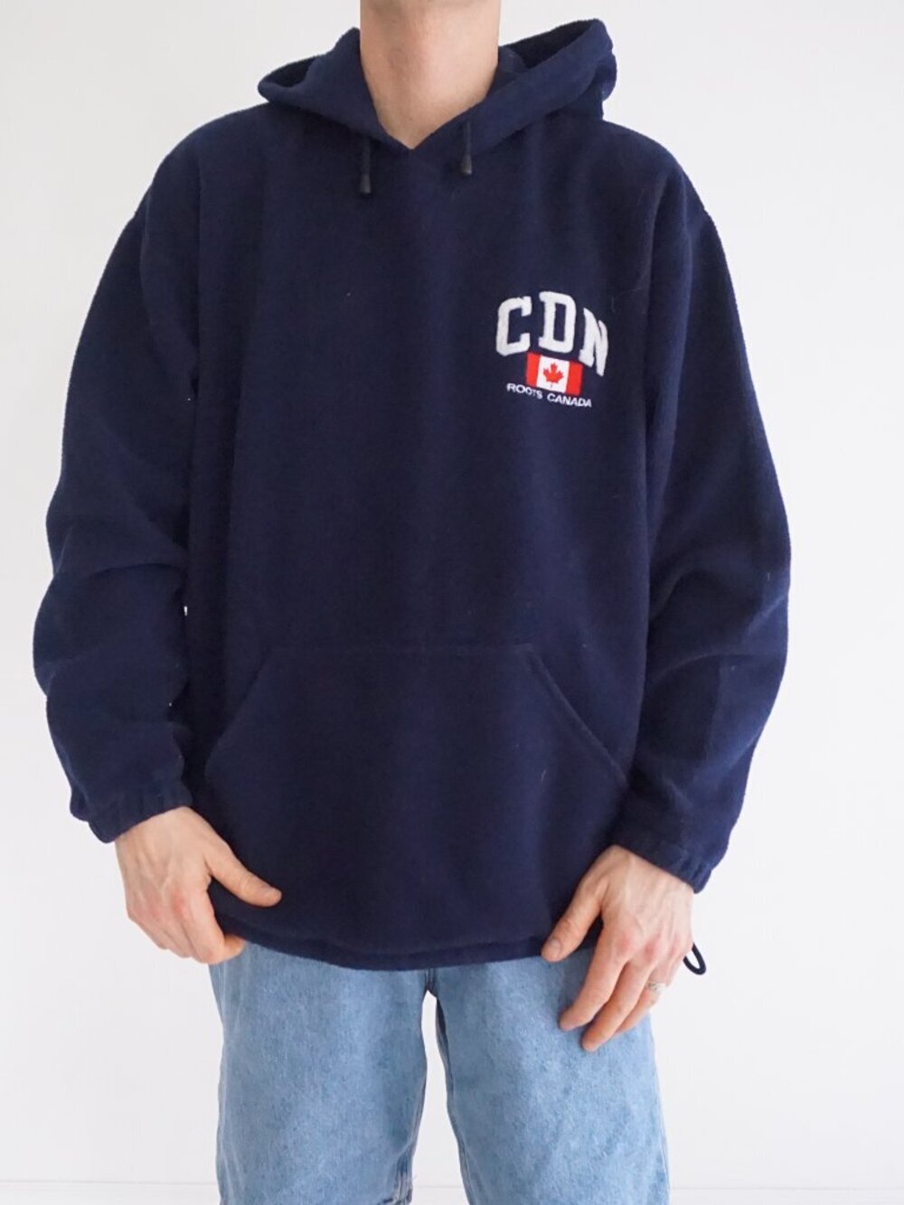 Vintage Roots Canada Navy Spellout Flag Embroidered Hoodie Fleece Sweater L/XL